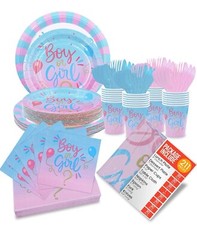 Jubi Gender Reveal Paper Dinnerware Set for 30 Guest 211 Pieces Pack