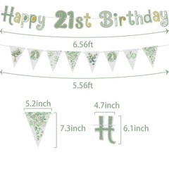 Eucalyptus 21st Party Decorations Happy Banner, Cake Topper, Olive Green Foil…