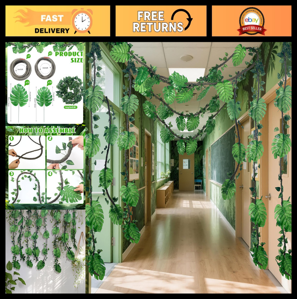 27 Pcs Jungle Vines Decorations – 10ft Artificial Rattans & Palm Leaves for Safa