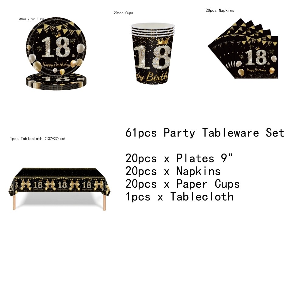 Happy 60th Birthday Tableware Set Black Gold Plate Cups Napkins Serve 20 Guests