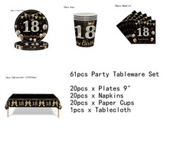 Happy 60th Birthday Tableware Set Black Gold Plate Cups Napkins Serve 20 Guests
