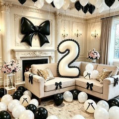 Black Bow 2nd Decorations, White Sand Black Balloons with Bow Heart Number 2 …