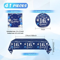 41PCS 16th Birthday Decorations for Boys Navy Blue Silver 16 16 Years Old