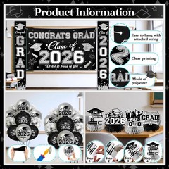 Class of 2026 Graduation Decorations Black & Silver All-in-1 Banner Balloon Kit