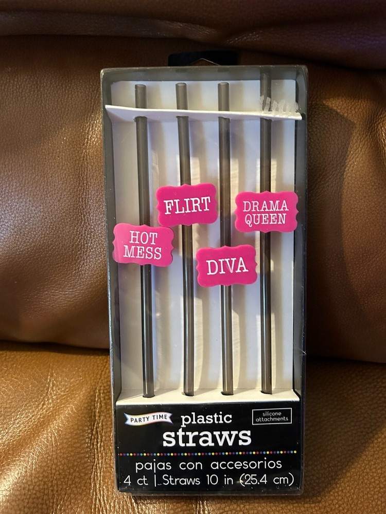 Party Time 4 pack Plastic Straws with Silicone Hot Mess Flirt Diva Drama Queen