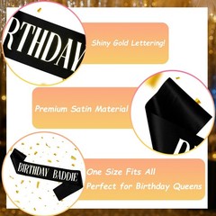 GLITZJOY Birthday Sash, BIRTHDAY BADDIE Sash Black 160cm, & Silver