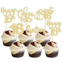 Happy 16th Birthday Cupcake Toppers Gold Glitter Sweet 16 Picks Party Decoration