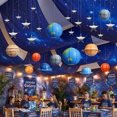 45 Pcs Galaxy Space Ceiling Decor, 24″x13ft Hanging Backdrop, Star Ornaments, So
