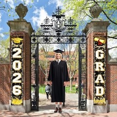 Black Gold Graduation Decorations Class of 2026 Congrats GRAD Porch Sign Banner