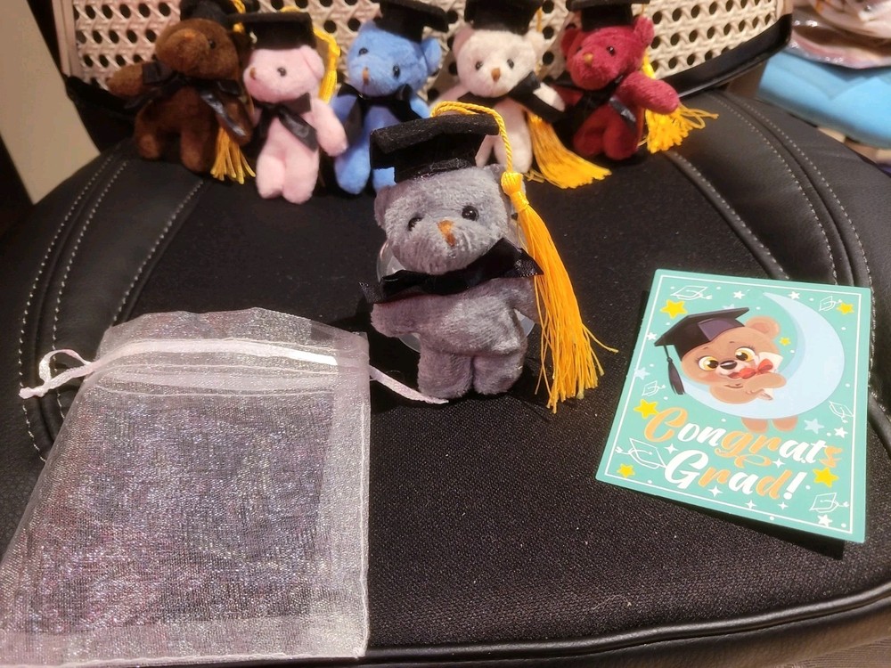 One Mini Teddy Keychain Plush Gray Graduaction Bears With Card & White Gift Bag