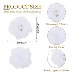 30Pcs 2″ Chiffon Flowers with Rhinestone Pearl Sewing Fabric Flowers, White