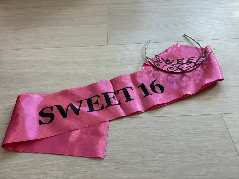 Sweet 16 Pink and Silver Crown Tiara & Sash Set for 16th Birthday Party