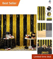 Graduation Decorations Backdrop Banner 2026 Black Gold Foil Fringe Curtain Pa…
