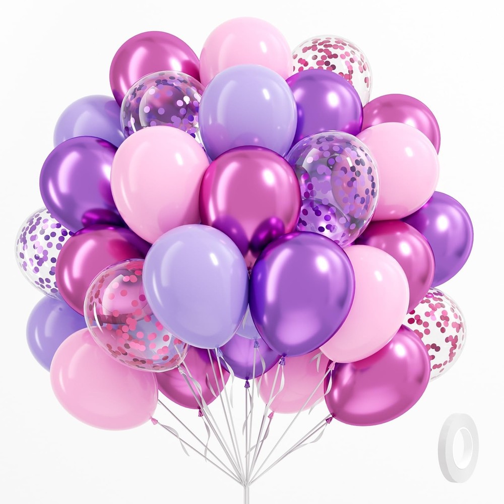 61pcs Pink and Purple Balloons, 12 Inch Purple Pink Confetti Balloons, Metall…