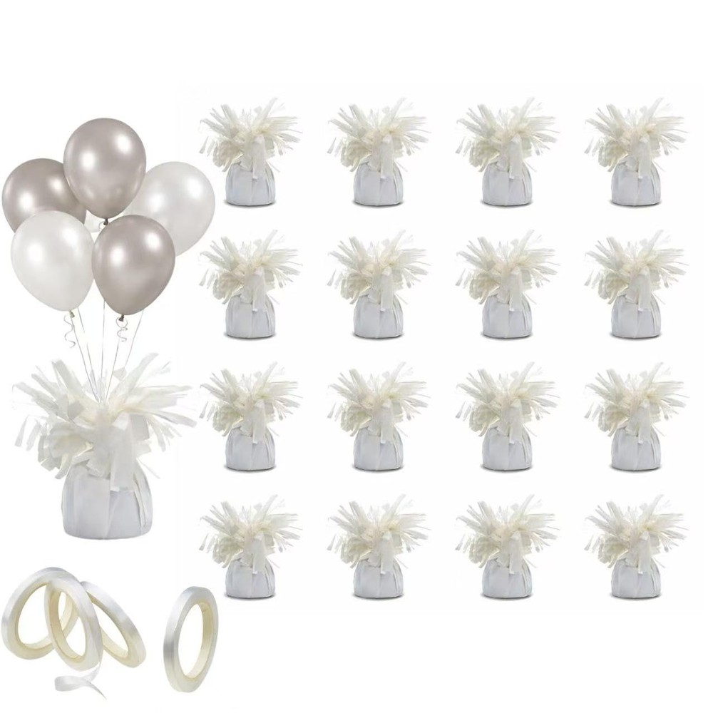 Balloon Weights – 16 Pack with Curling Ribbon White 100g, Metallic Balloon An…