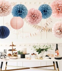 Dusty Pink Blue Hanging Party Decorations with Tissue pom poms and Lantern fo…
