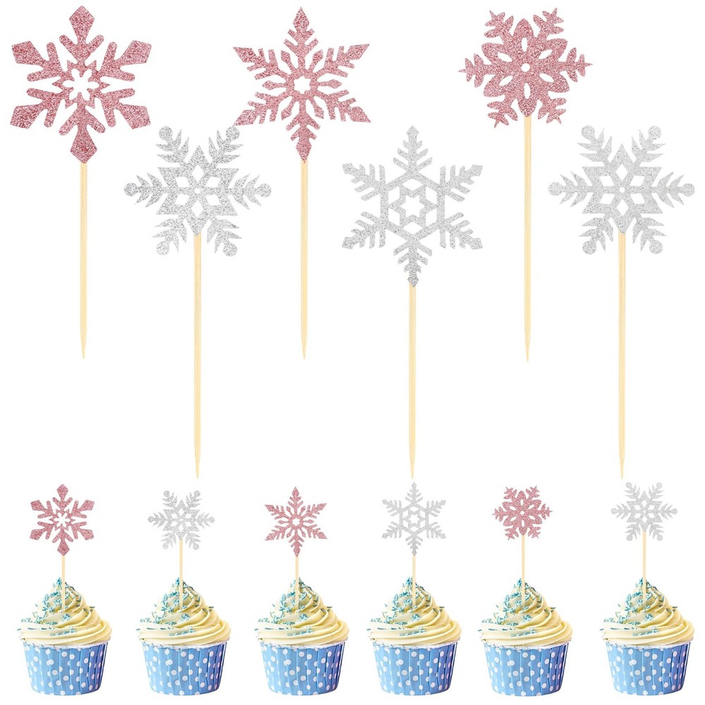 Snowflake Cupcake Toppers, 24PCS Glitter Winter Frozen Cupcake Picks Cake