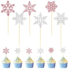 Snowflake Cupcake Toppers, 24PCS Glitter Winter Frozen Cupcake Picks Cake