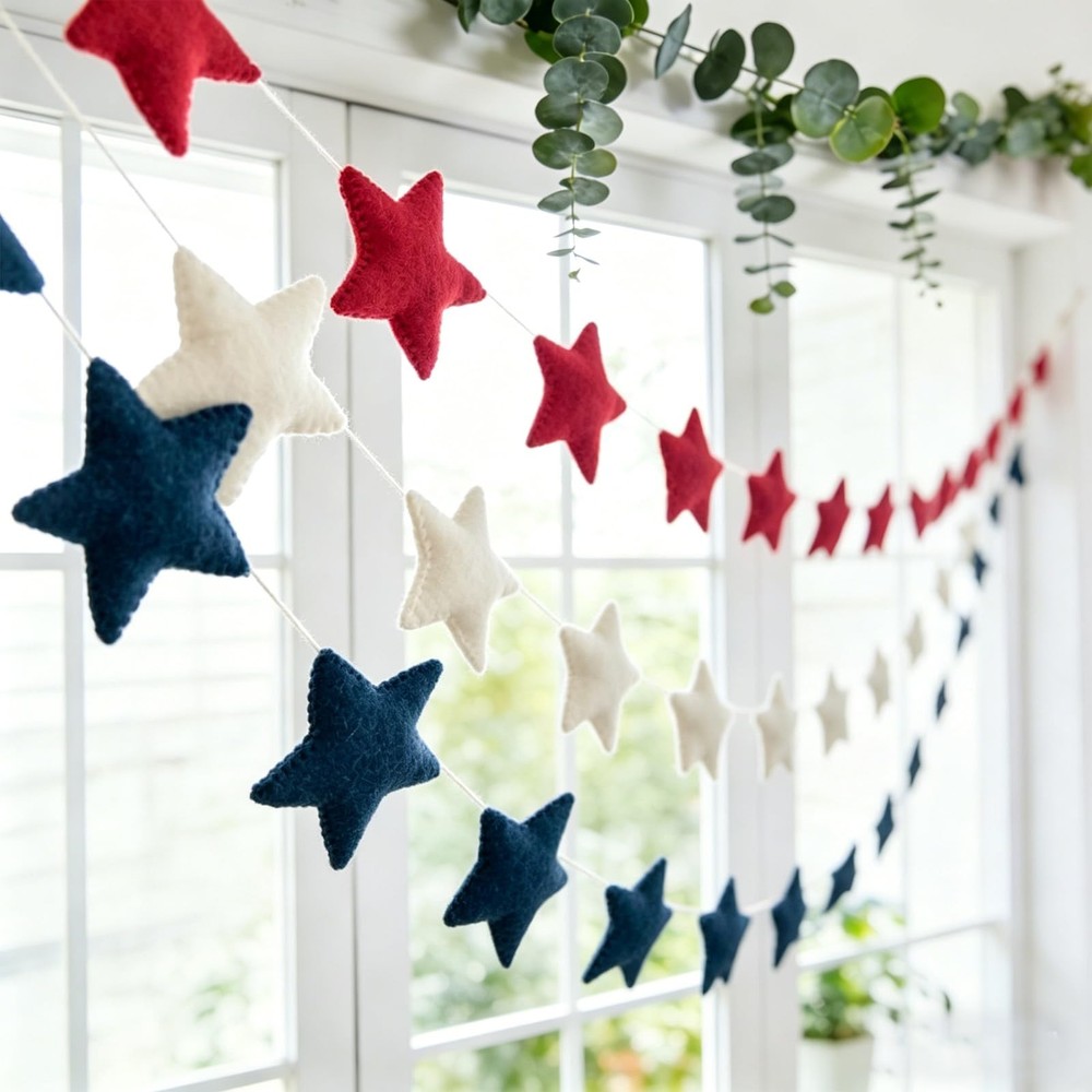 3 Pcs Patriotic Felt Banner Red Blue White Star Garland Pre-Assembled Hanging
