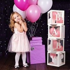 Baby Boxes with Letters, 4 Transparent Balloon for Gender Reveal White