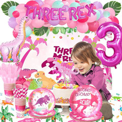 204 Pcs Three Rex Birthday Party Decorations Girl, Dinosaur 3Rd Birthday Party