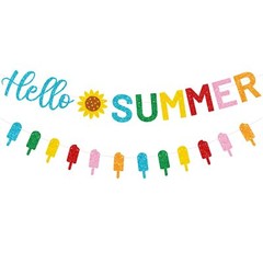 Hello Summer Garland with Sunflower Signs and Colorful Popsicle Banner Ice Cream