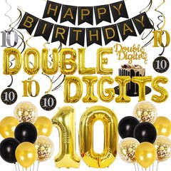 Double Digits 10th Birthday Decorations Black and Gold for Boys Girls, Double…