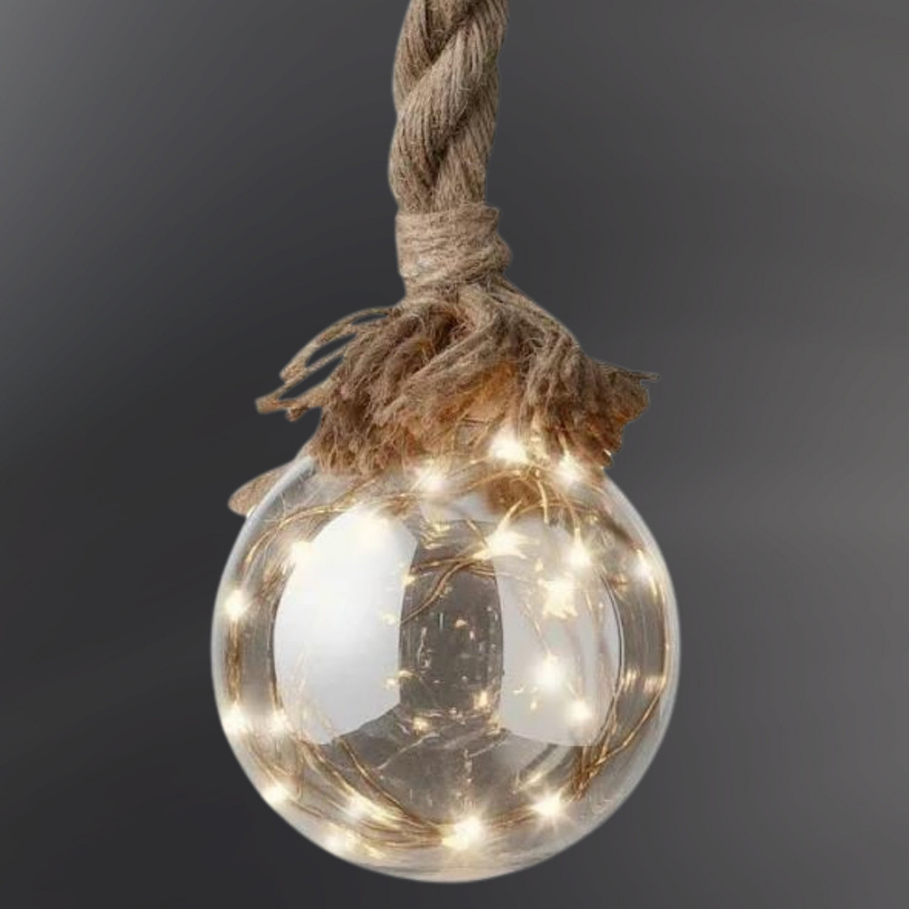 LED Light Up Glass Ball Orb Globe On 1m Brown Jute Rope With Timer Decor Xmas