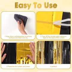 4 PCS Black Gold Foil Fringe Backdrop Curtains Tinsel Streamers Party Decor