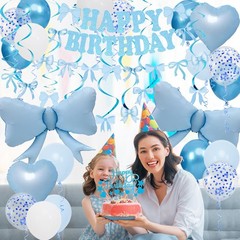 Blue Bow Birthday Decorations, Happy Birthday Banner Garland and Hanging Swir…