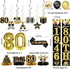80th Birthday Decorations for Men and Women, Black and Gold Vintage Party Suppli