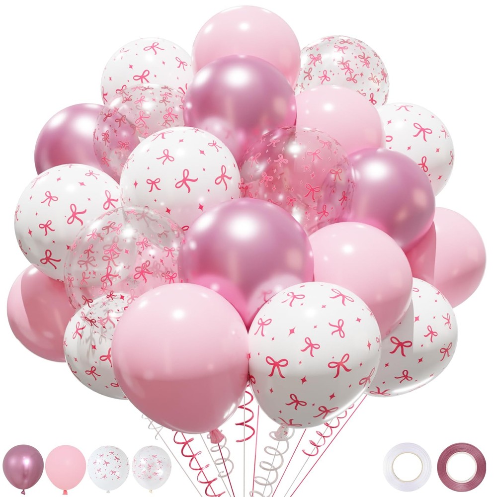 Pink Bow Balloons Set, 50 pcs 12 inch Metallic Pastel Pink White Transparent …