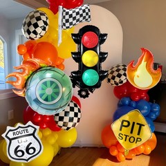 7Pcs Race Car Party Decor/Flame Tire Balloons, Traffic Light, Route 66, Pit S…