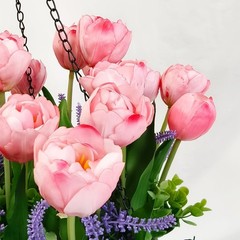 Artificial Tulips Flowers Hanging Basket for Indoor Outdoor, Realistic Pink F…