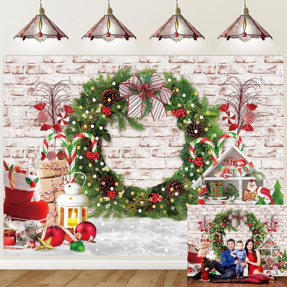 Christmas Theme Backdrop 8x6ft Merry Christmas White Brick Wall Photography Bac