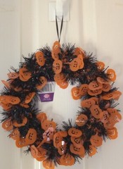 2 x Halloween Tinsel Wreaths 24cm, Hanging Decorations. Black / Orange Pumpkins.