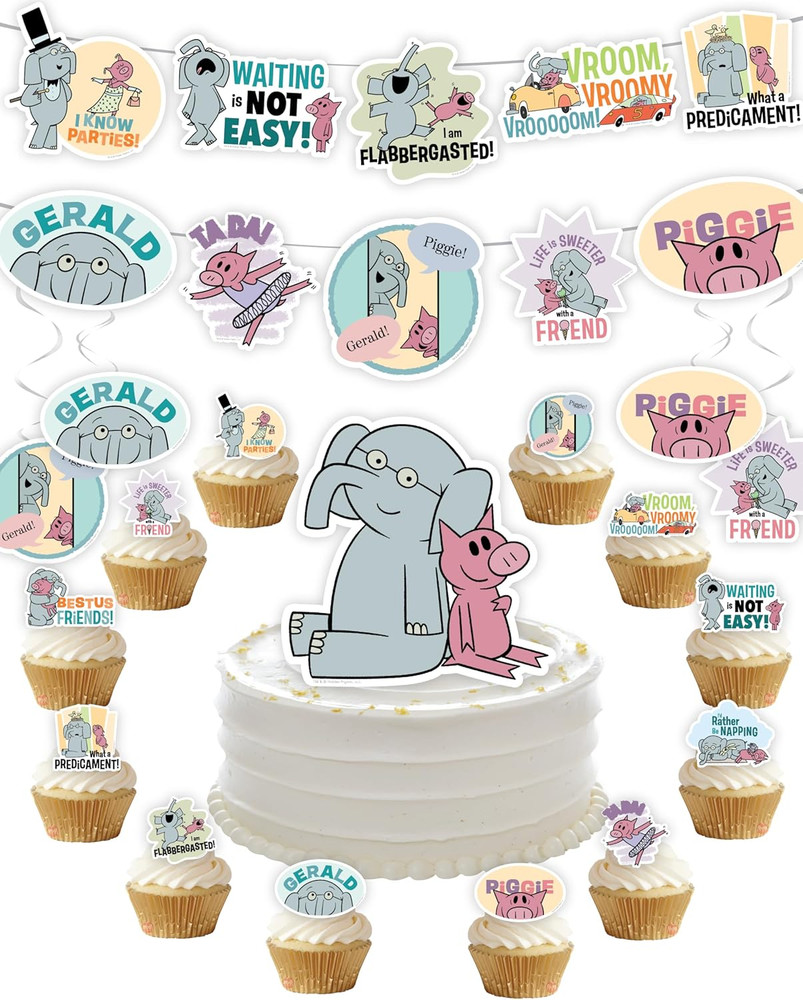 Elephant Piggie Bday Party Kit Banner Cupcake Toppers 42 Pcs (Party Kit)
