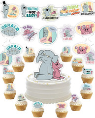 Elephant Piggie Bday Party Kit Banner Cupcake Toppers 42 Pcs (Party Kit)