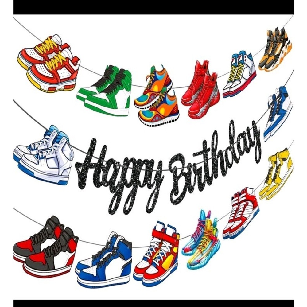 Glitter Black Sneaker Happy Birthday Banners 3Pcs Sports Shoes Theme Party De…