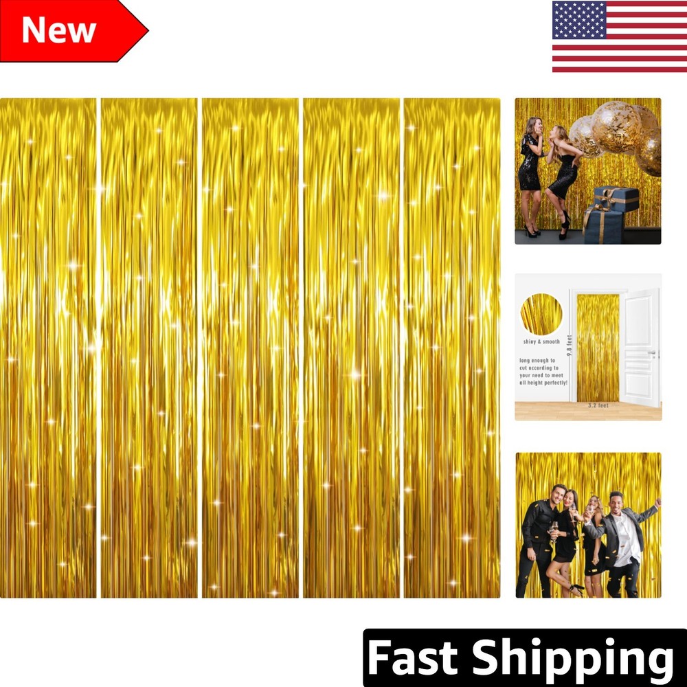5 Pack – Gold Metallic Tinsel Foil Fringe Curtains, 3.2 ft x 9.8 ft for Parties