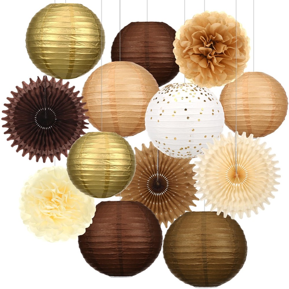 14 PCS Exhale Party Brown Decorations Theme Set Paper Honeycomb Lantern Fan