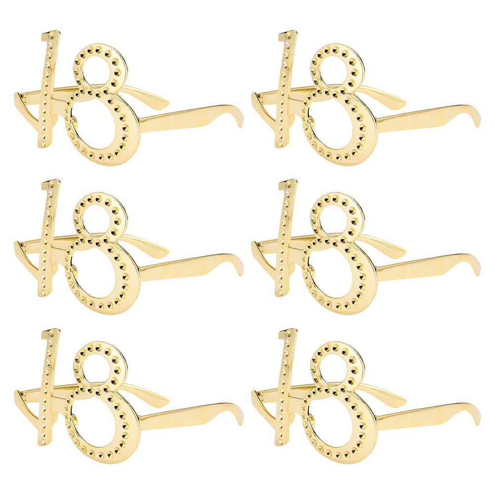 6-Pack Birthday Glasses with Rhinestones, 18th Photo Booth Props [Gold]