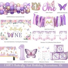 Butterfly First Birthday Party Supplies – 138PC Pink Purple Decor, Backdrop, Bal