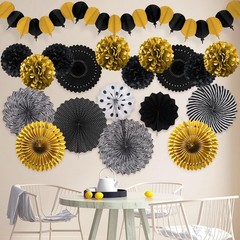 Black and Gold Decorations, Paper Pompoms Fan for Graduation Birthday Wedding