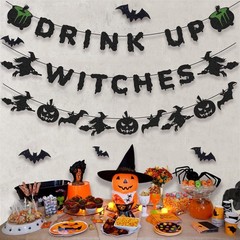 Halloween Decorations – Drink Up Witches Banner and Bat Garland with Witch, P…