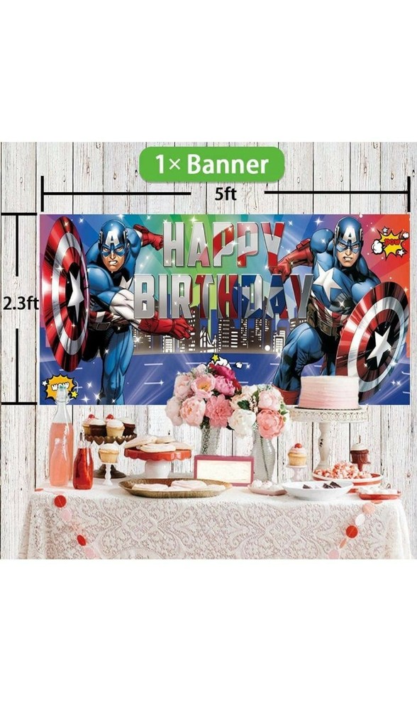 QUEENMO Captain America Banner Happy Birthday Decorations Superhero Marvel 