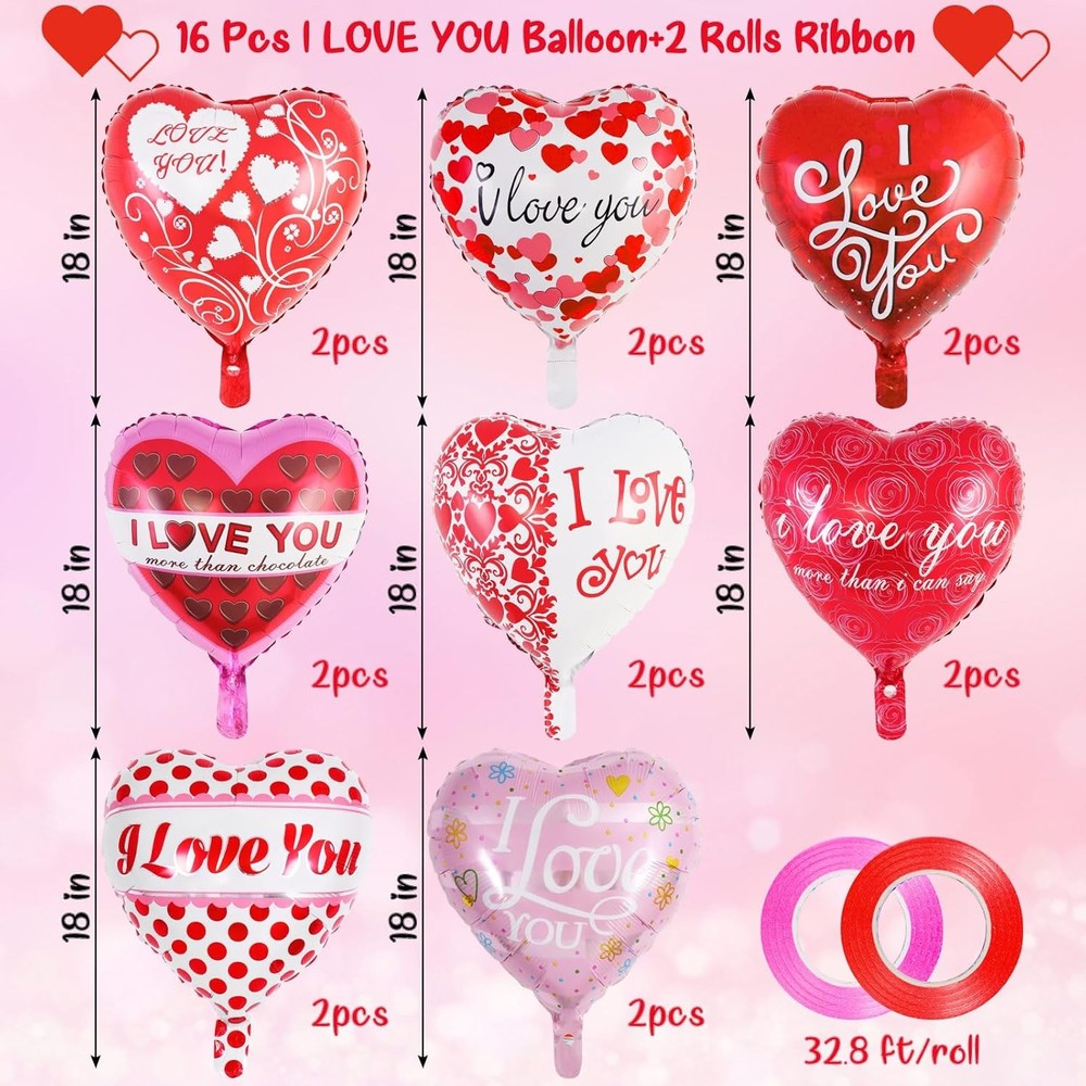 Red Heart Valentine Balloons, 16 Pcs I Love You Foil Balloons, Happy Valentines