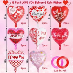Red Heart Valentine Balloons, 16 Pcs I Love You Foil Balloons, Happy Valentines