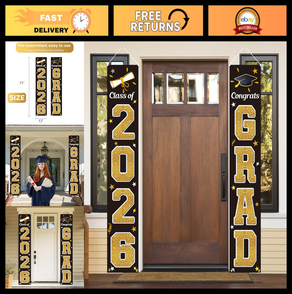 Graduation Decorations 2026 – Gold & Black Congrats Grad Banner, Indoor/Outdoor