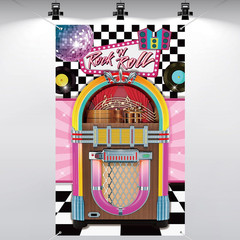 50’S Sock Hop Party Decorations Banner Jukebox Decor Backdrop Cloth Jukebox Cuto